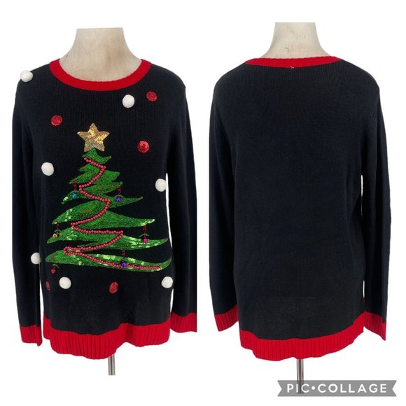 Holiday Time Sweaters - Holiday Time Sequin Christmas Tree Sweater L Ugly X-Mas Pullover Bells Pom Poms